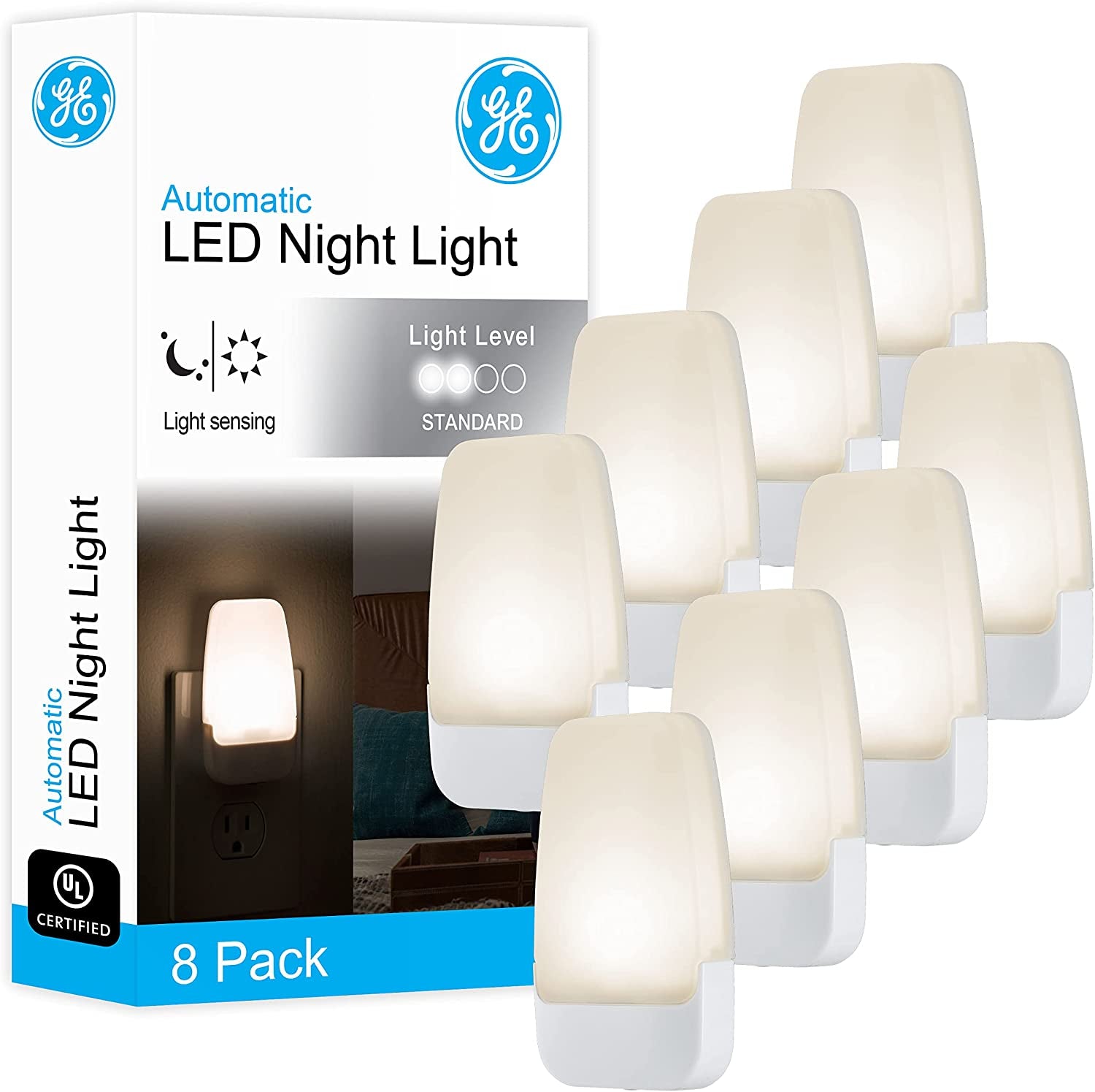 GE LED Night Light, Plug-In, Dusk to Dawn Sensor, Warm White, Ambient Lighting, Ideal Nightlight for Kids, Adults, Bedroom, Bathroom, Nursery, Hallway, Kitchen, 46478, 8 Pack