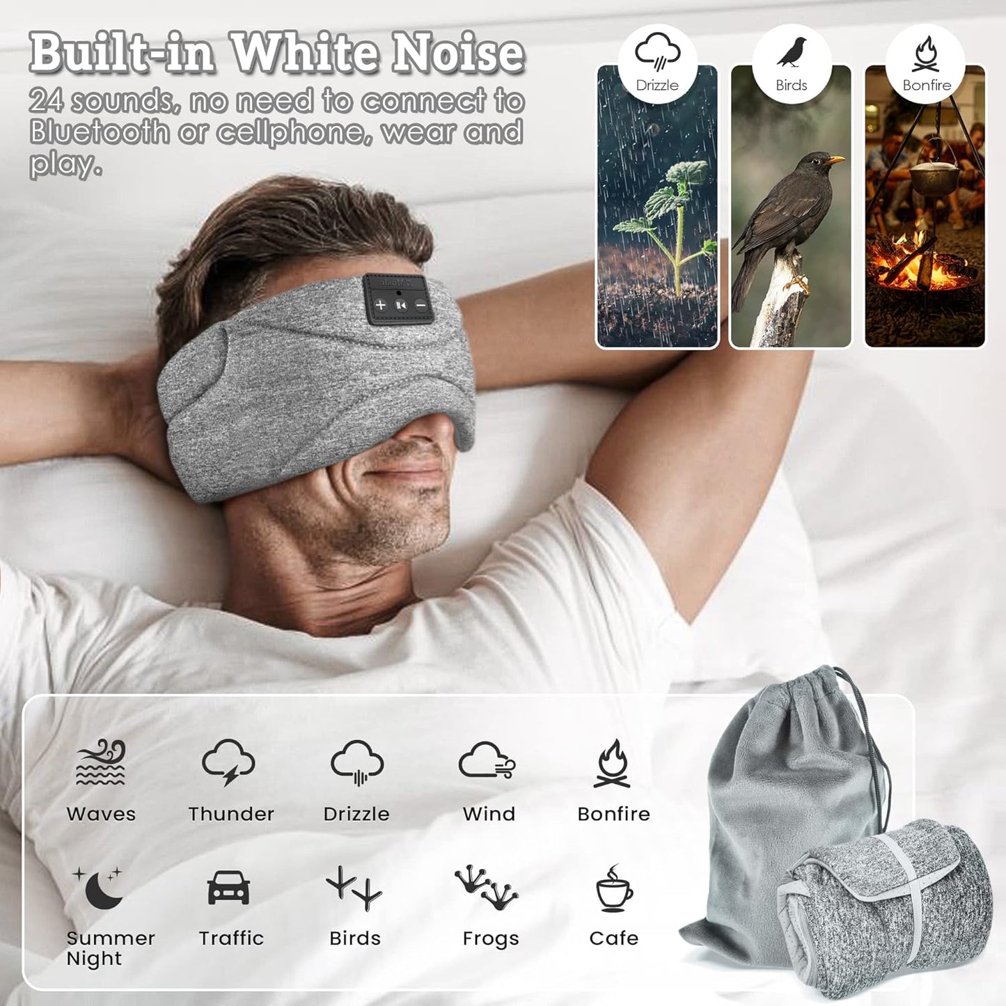 Bluetooth Sleep Mask Headphone with White Noise Blackout Light Ice-Feeling Extra Soft Modal Lining Sleep Eye Mask Ultra-Thin Sleeping Headphones