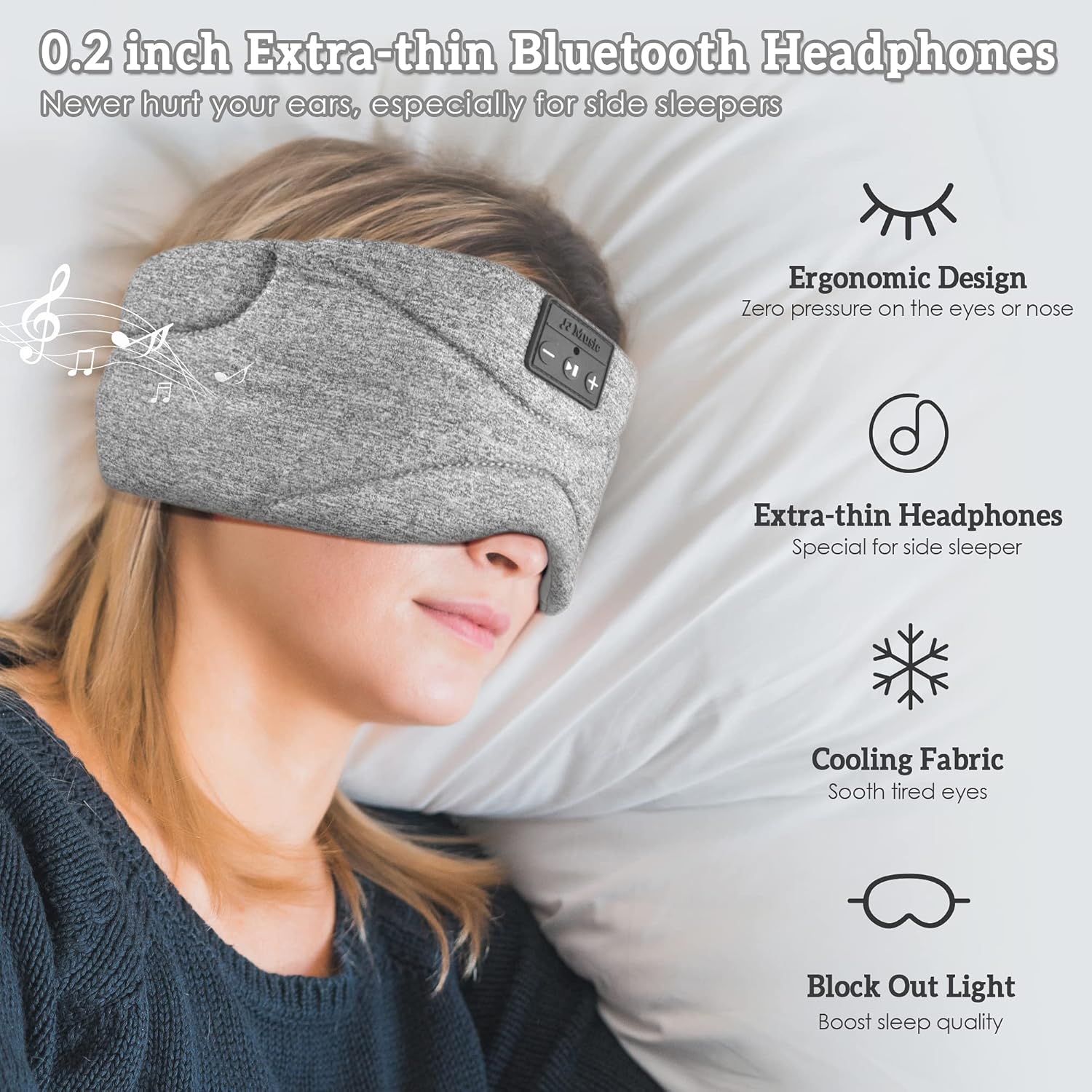 Bluetooth Sleep Mask Headphone with White Noise Blackout Light Ice-Feeling Extra Soft Modal Lining Sleep Eye Mask Ultra-Thin Sleeping Headphones